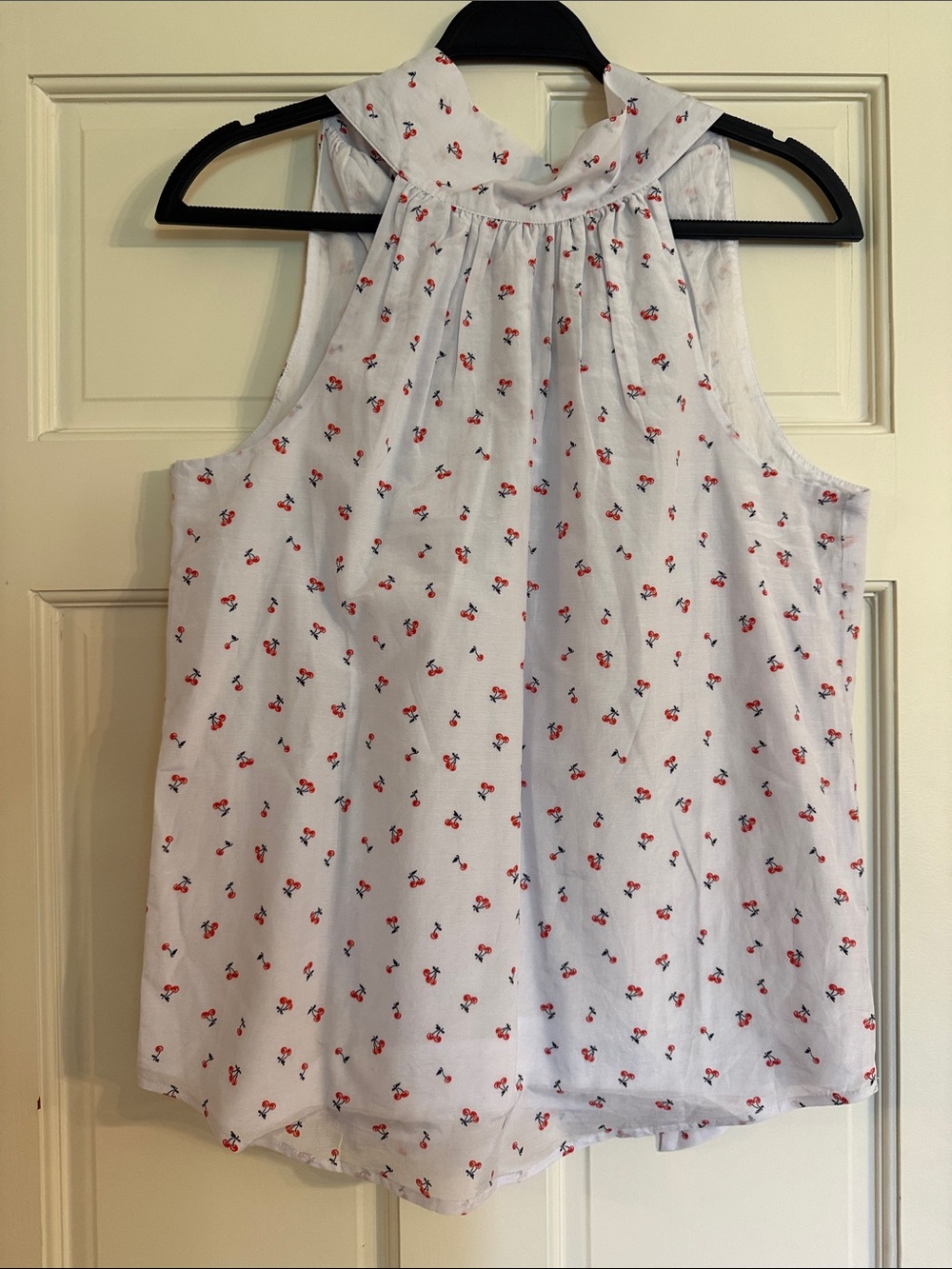 White Floral Halter Blouse with Red Cherry Print